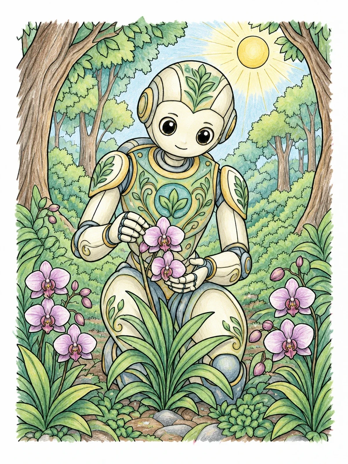 Colored example of the Forest Robot Tending Wild Orchids coloring page