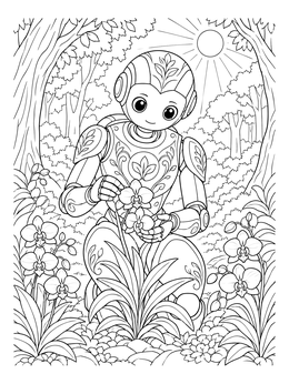 A peaceful robot coloring page showing a mechanical friend caring for blooming orchids in a sunlit forest.