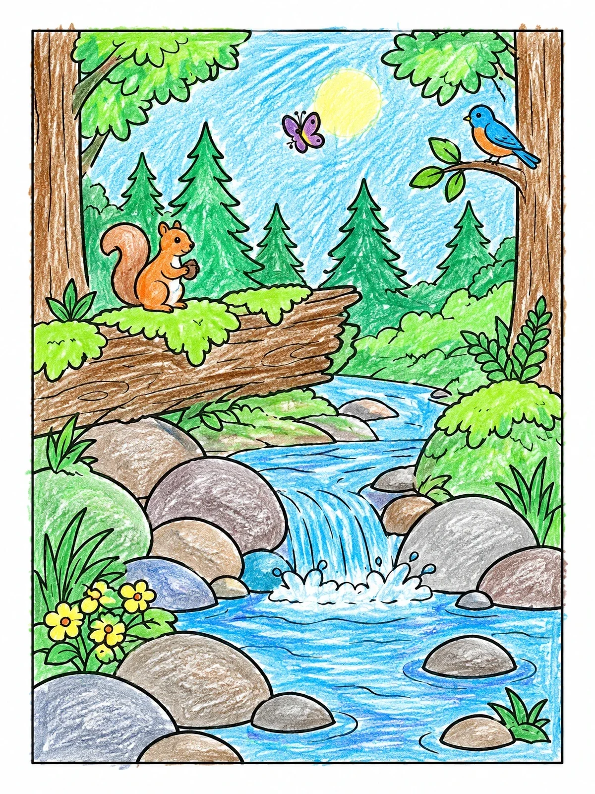 Colored example of the Forest Stream With Woodland Animals coloring page