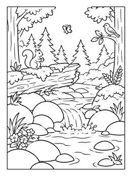 Free printable Forest Stream With Woodland Animals coloring page