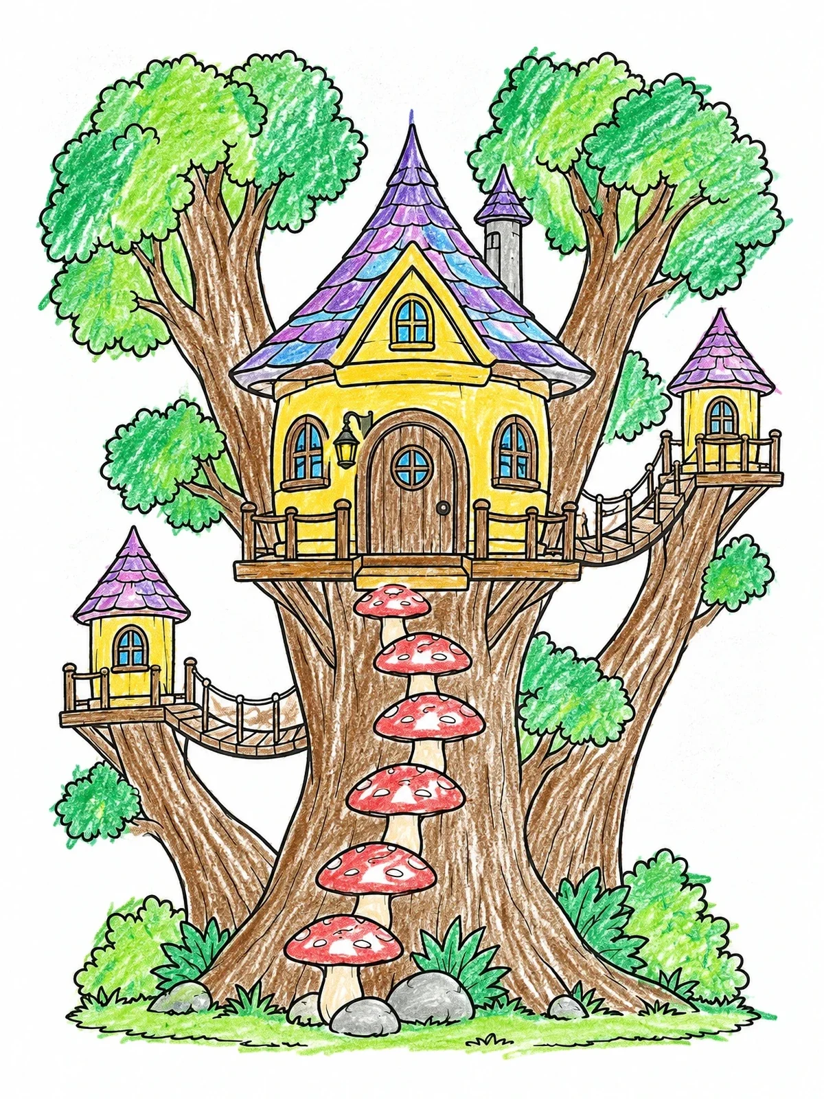Colored example of the Whimsical Woodland Treehouse coloring page