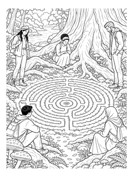 Free printable Hikers Discovering A Forest Labyrinth coloring page