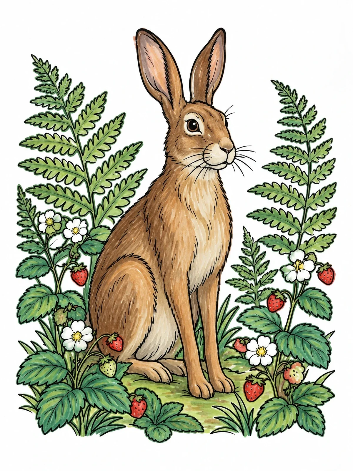 Colored example of the Woodland Hare Among Wild Strawberries coloring page