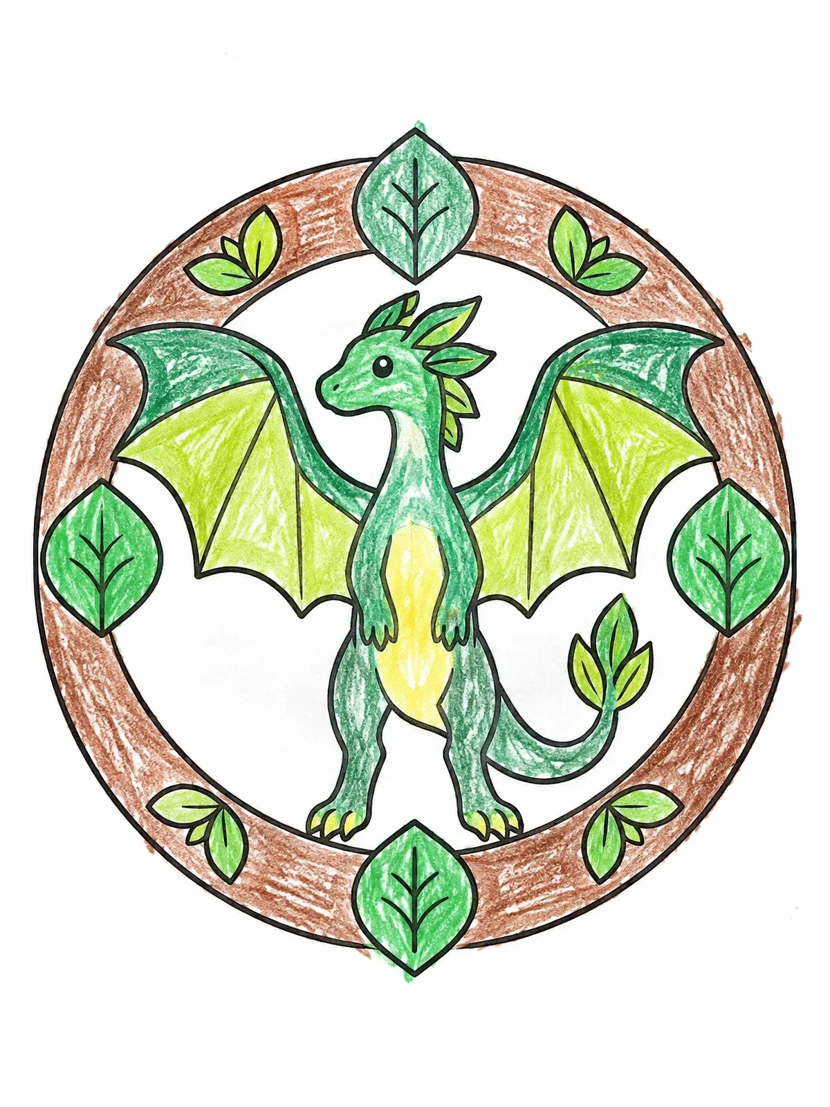 Colored example of the Forest Wyvern Dragon Mandala coloring page