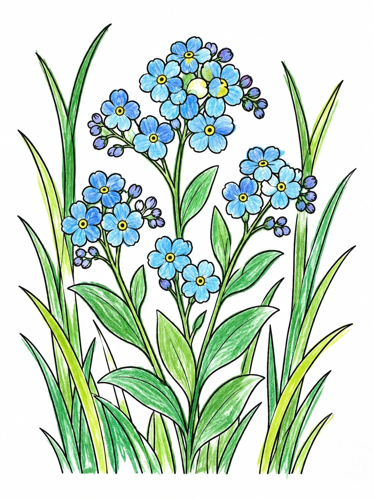 Colored example of the Delicate Forget Me Nots In Tall Grass coloring page