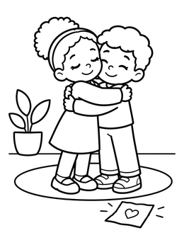 Free printable Children Hugging With Heart Note coloring page