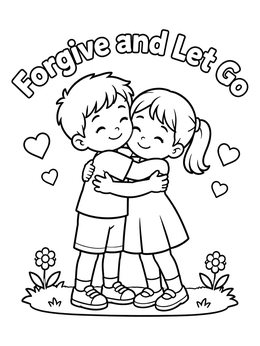 Free printable Children Hugging With Hearts And Flowers coloring page