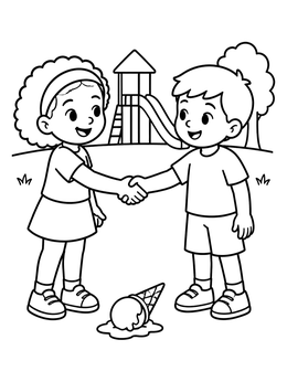 Free printable Children Shaking Hands Over Dropped Ice Cream coloring page