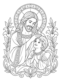 Jesus smiles and blesses a joyful child in this detailed forgiveness coloring page.