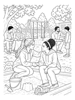 Two girls shake hands by a sandbox in this forgiveness coloring page.