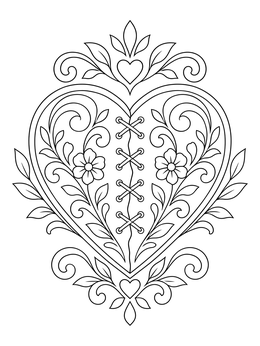 A stitched heart surrounded by floral patterns on this forgiveness coloring page.