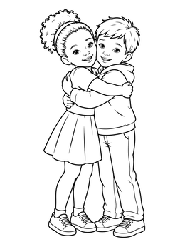 Free printable Two Cheerful Children Hugging Warmly coloring page