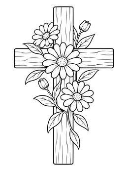 A floral forgiveness coloring page featuring a wooden cross adorned with blooming daisies and leaves.