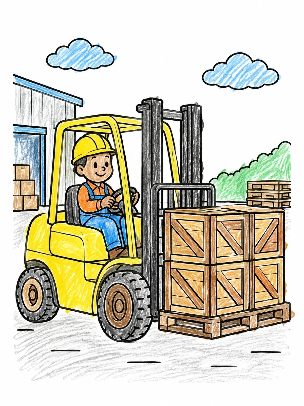 Colored example of the Forklift Driver Lifting Wooden Crates coloring page