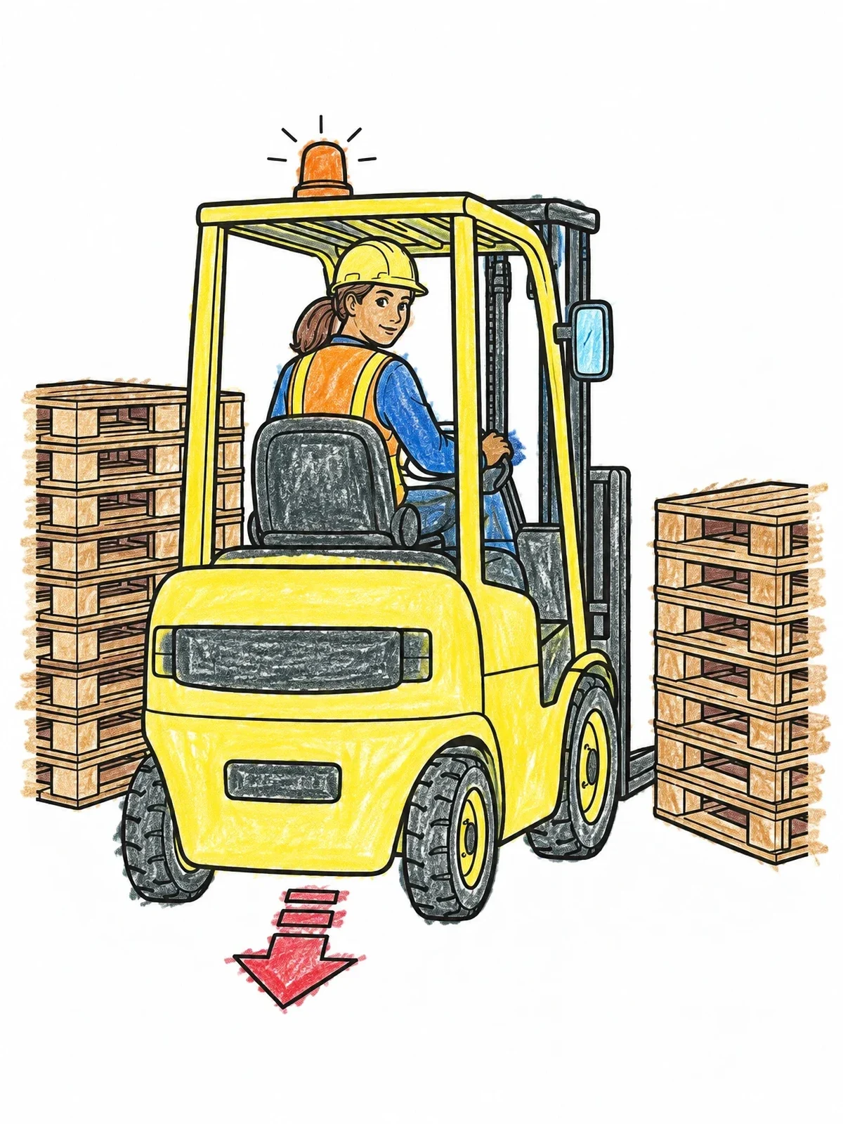 Colored example of the Forklift Driver Reversing With Pallets coloring page