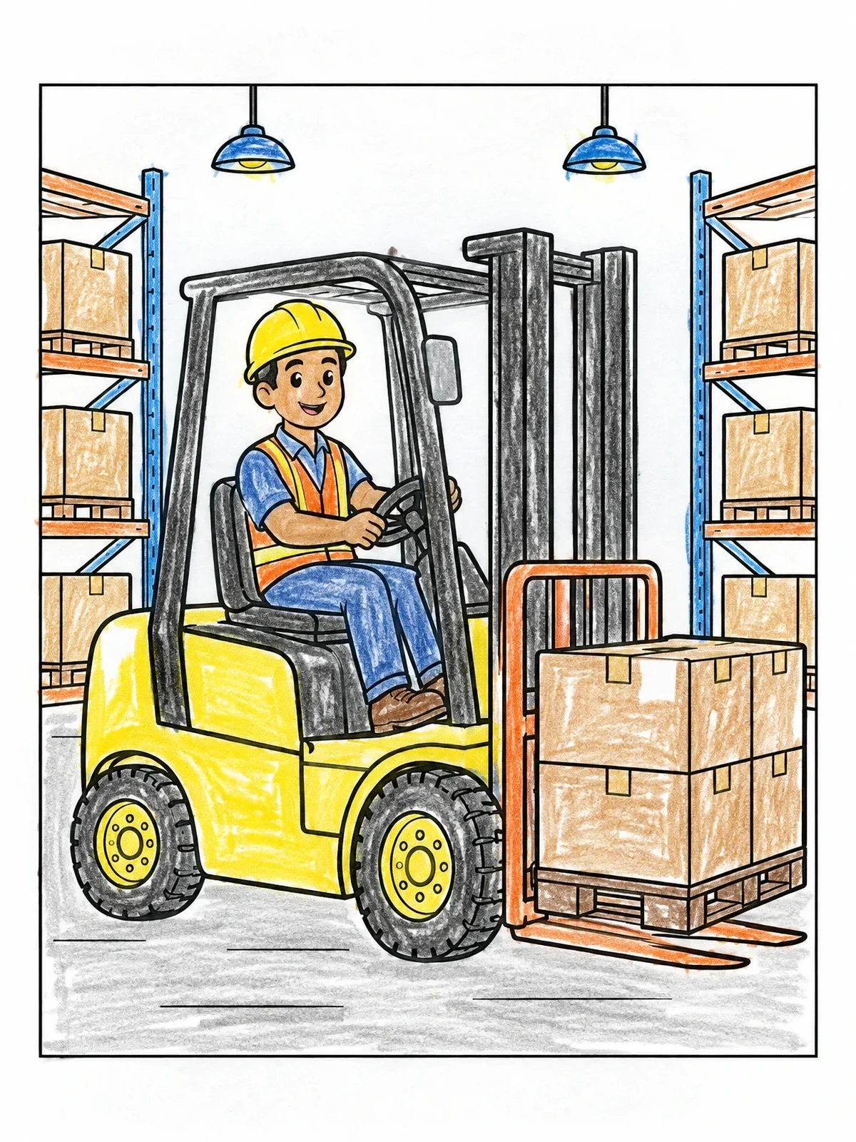 Colored example of the Forklift Driver In A Warehouse coloring page