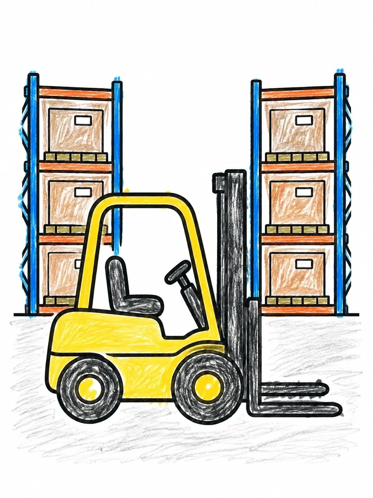 Colored example of the Forklift In Warehouse Aisles coloring page