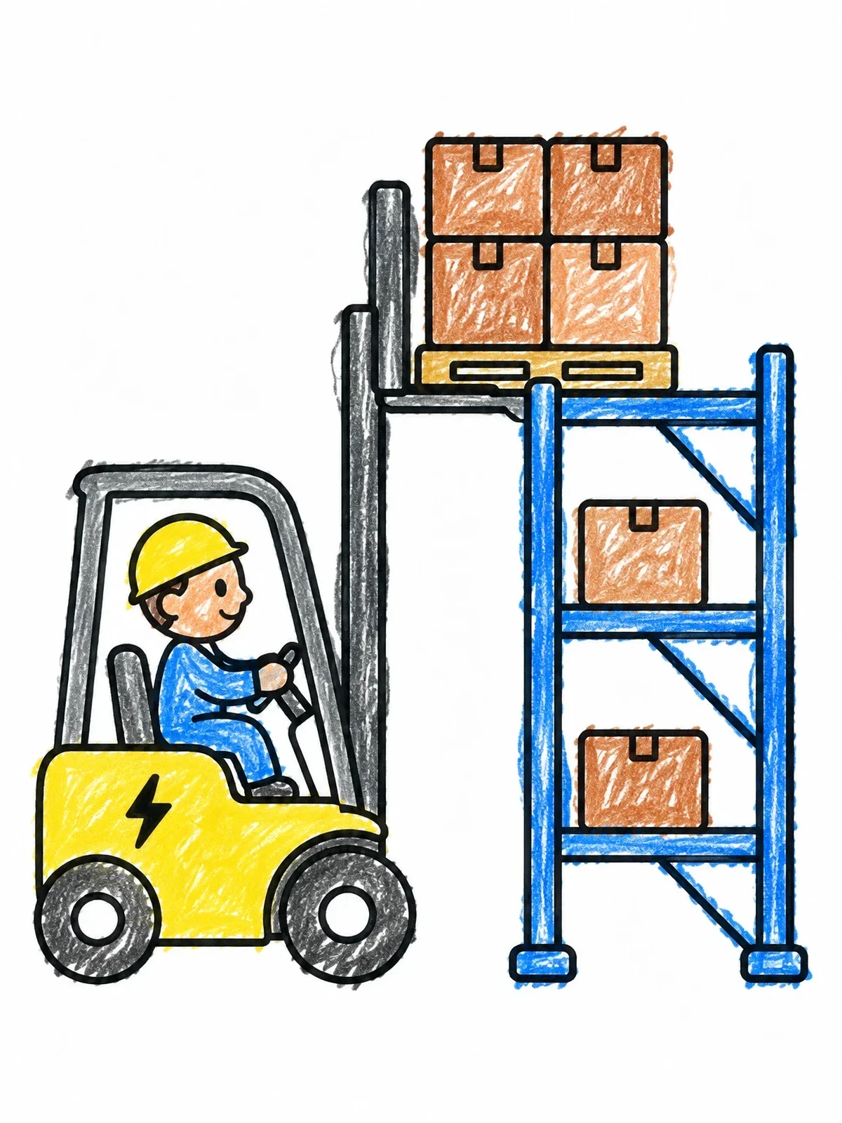 Colored example of the Forklift Lifting Boxes Onto Warehouse Rack coloring page