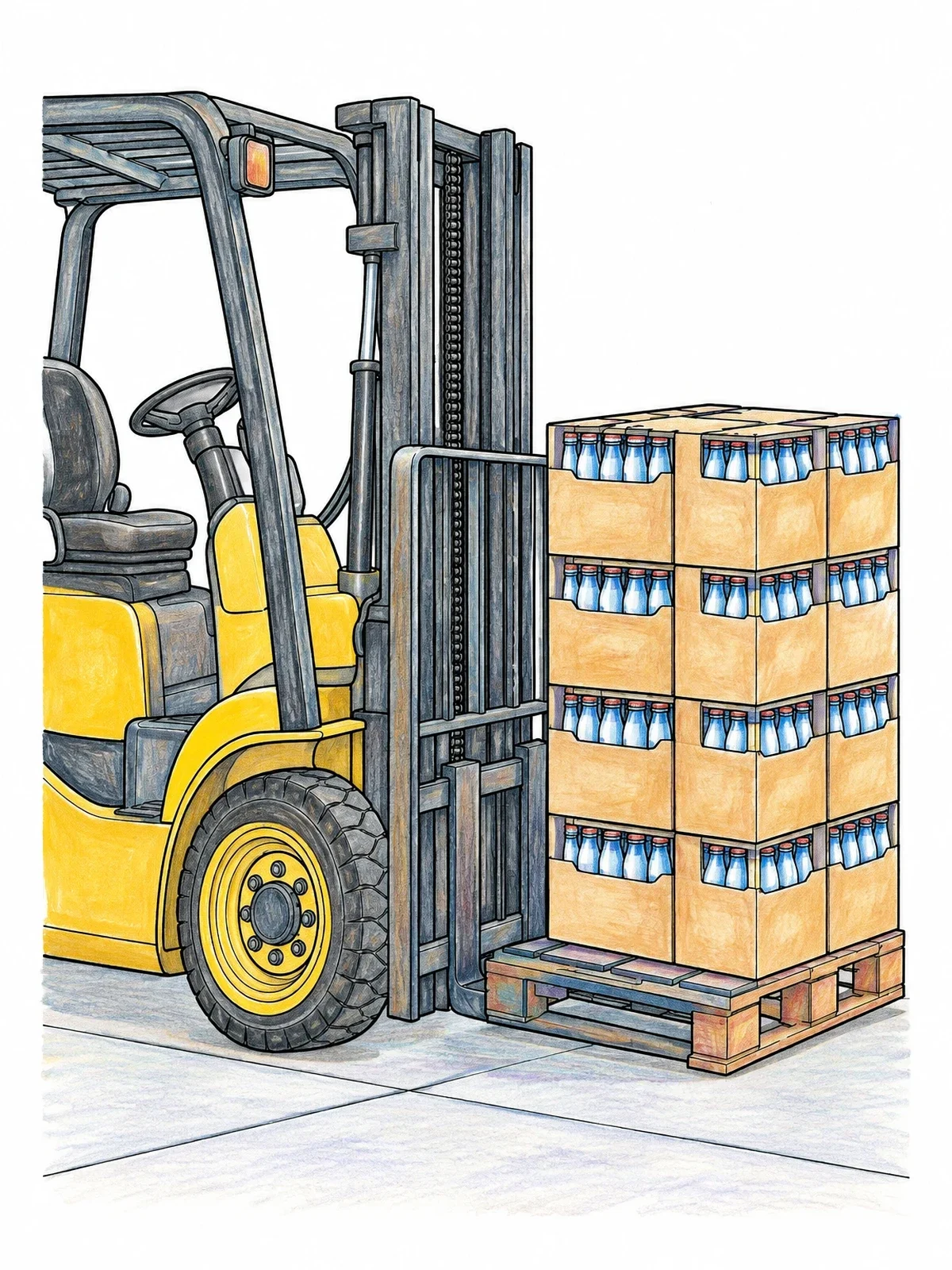 Colored example of the Forklift Lifting Pallet Of Bottled Drinks coloring page