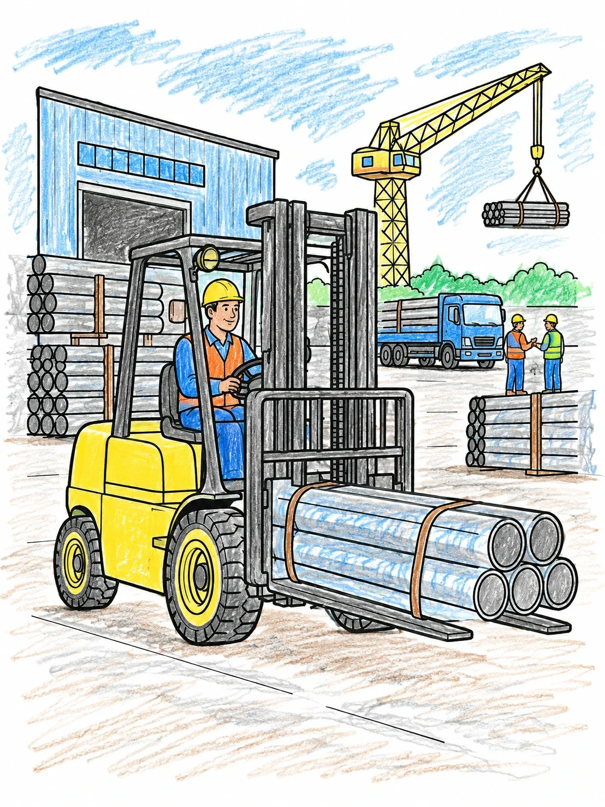 Colored example of the Forklift Moving Heavy Steel Pipes coloring page