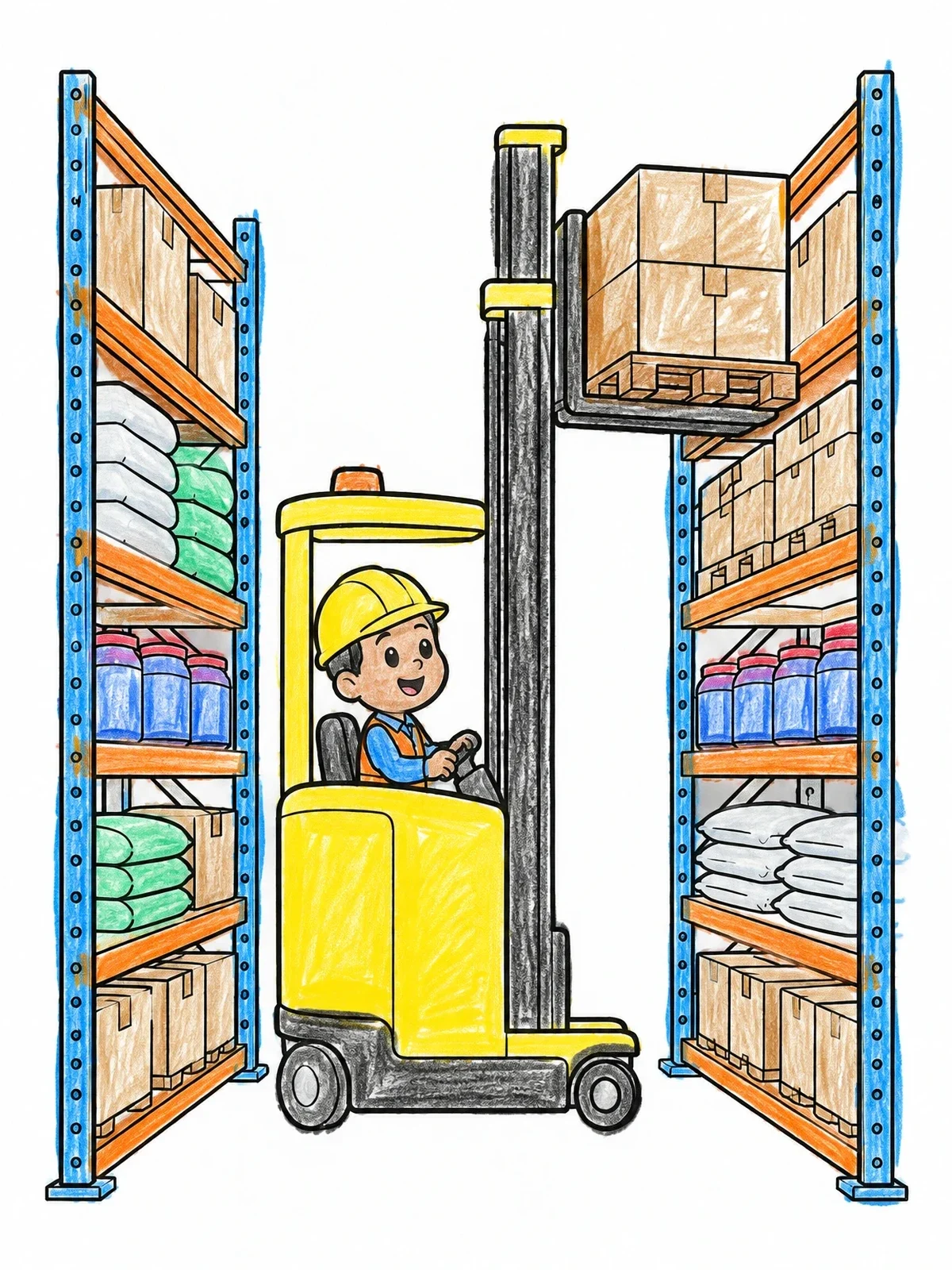 Colored example of the Reach Truck In Warehouse Aisle coloring page