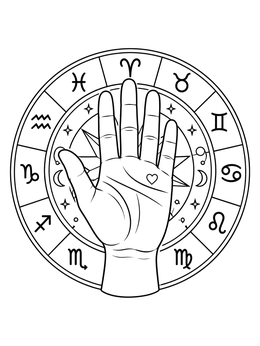 Free printable Palmistry Hand With Zodiac Wheel coloring page