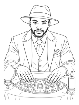 Free printable Fortune Teller In Suit With Tarot Cards coloring page