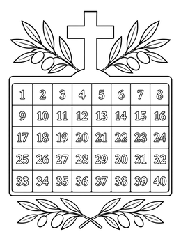 A lent coloring page showing a forty-day countdown calendar decorated with a cross and olive branches.