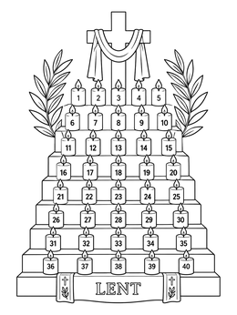 Numbered candles along steps lead to a draped cross in this lent coloring page.