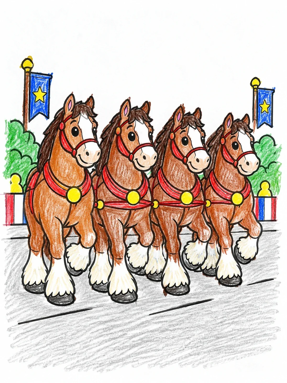 Colored example of the Four Clydesdale Horses On Parade coloring page
