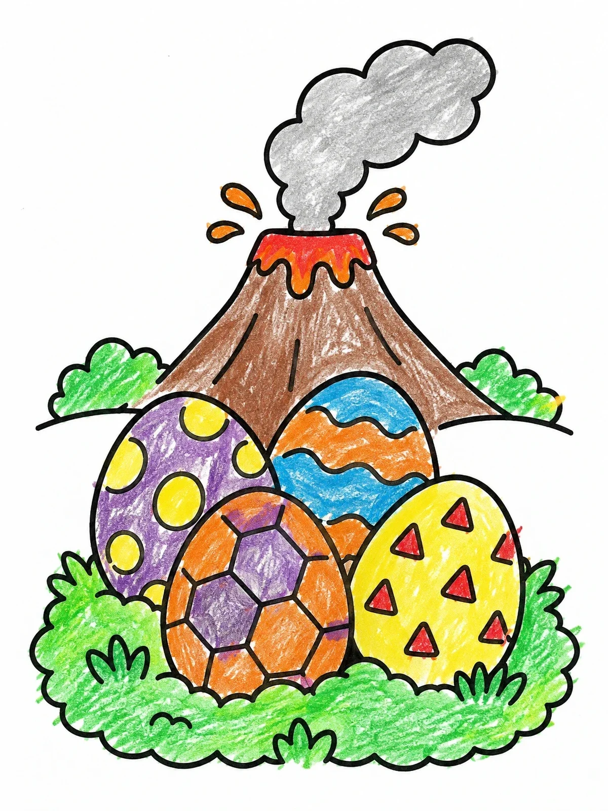 Colored example of the Four Dinosaur Eggs By A Volcano coloring page
