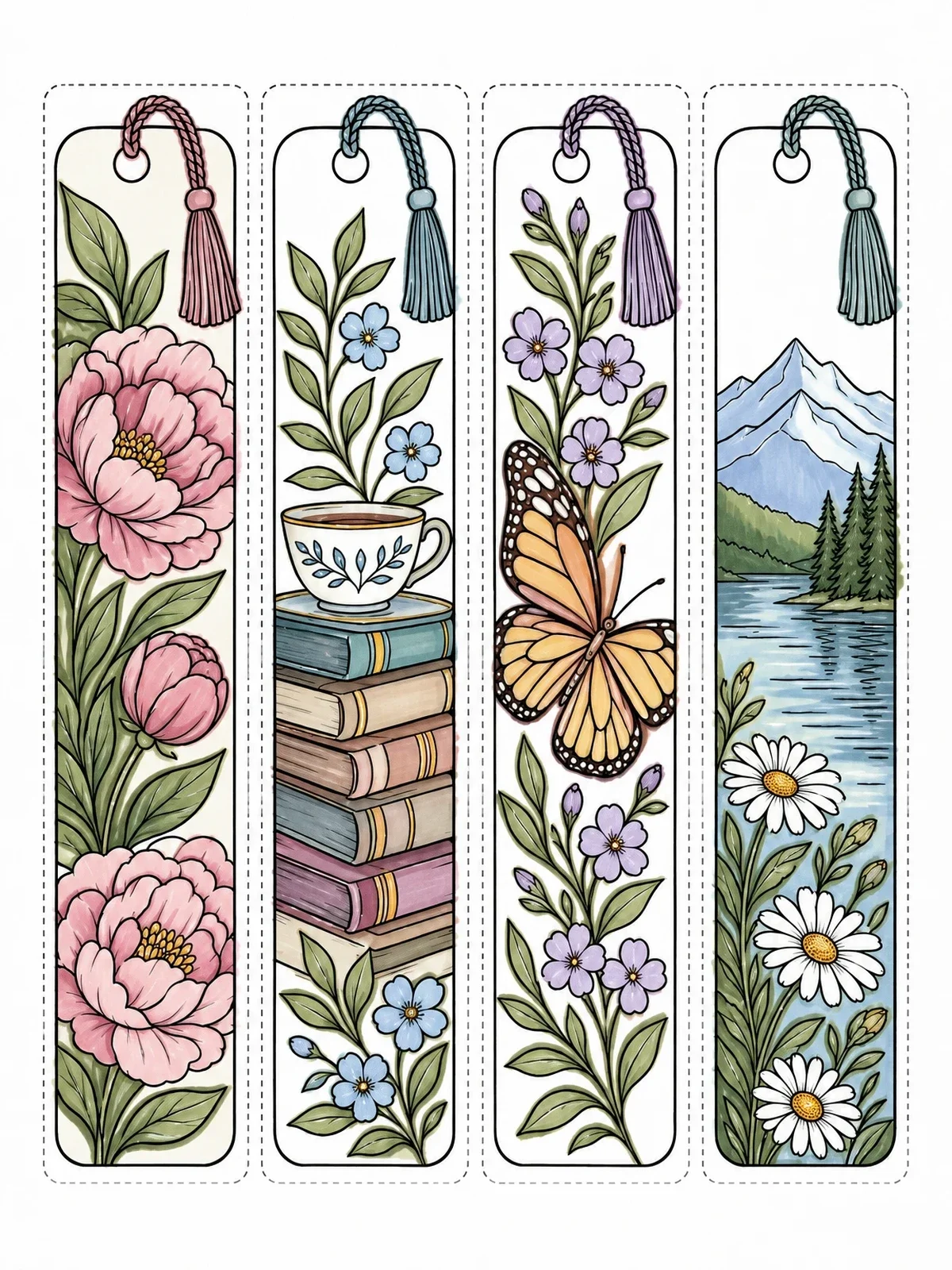 Colored example of the Four Floral And Nature Bookmarks coloring page