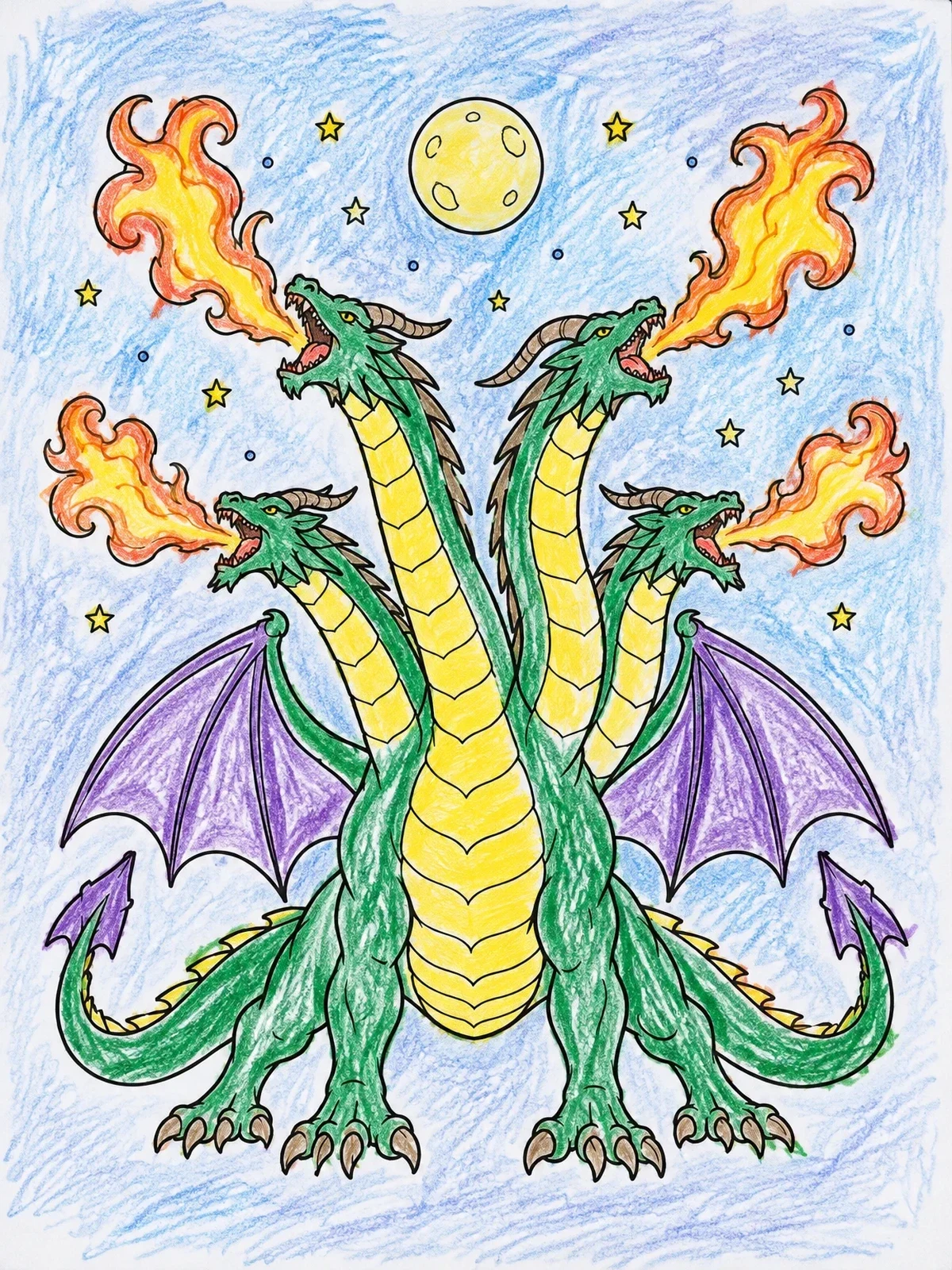 Colored example of the Four Headed Hydra Under Night Sky coloring page