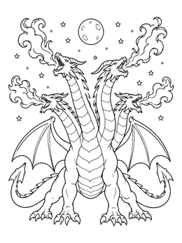 A four-headed fire-breathing beast stands beneath the full moon on this hydra coloring page.