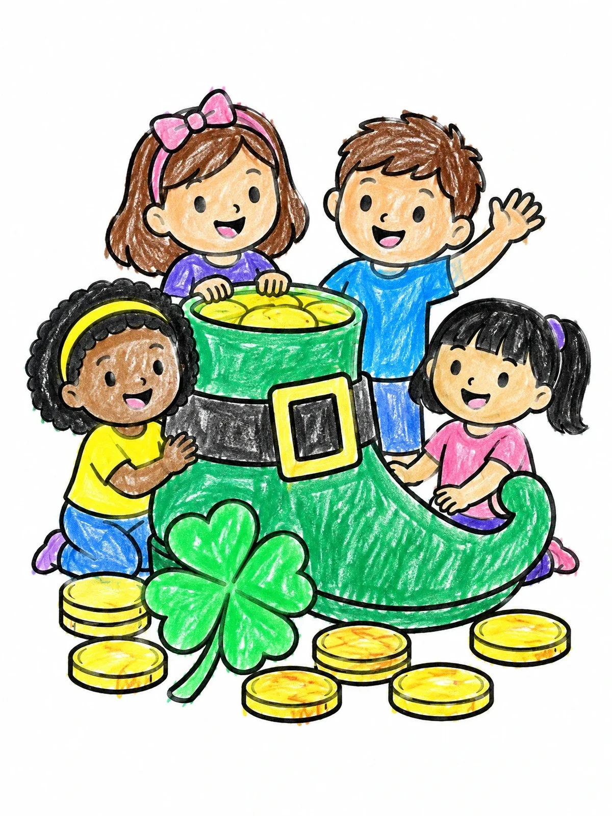 Colored example of the Children Around Leprechaun Shoe And Clover coloring page