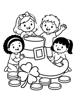 Happy children gathered around a giant shoe and clover in this four leaf clover coloring page.