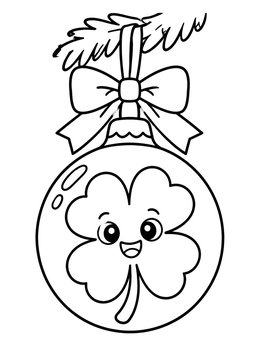 A four leaf clover coloring page showing a happy clover inside a hanging holiday ornament.