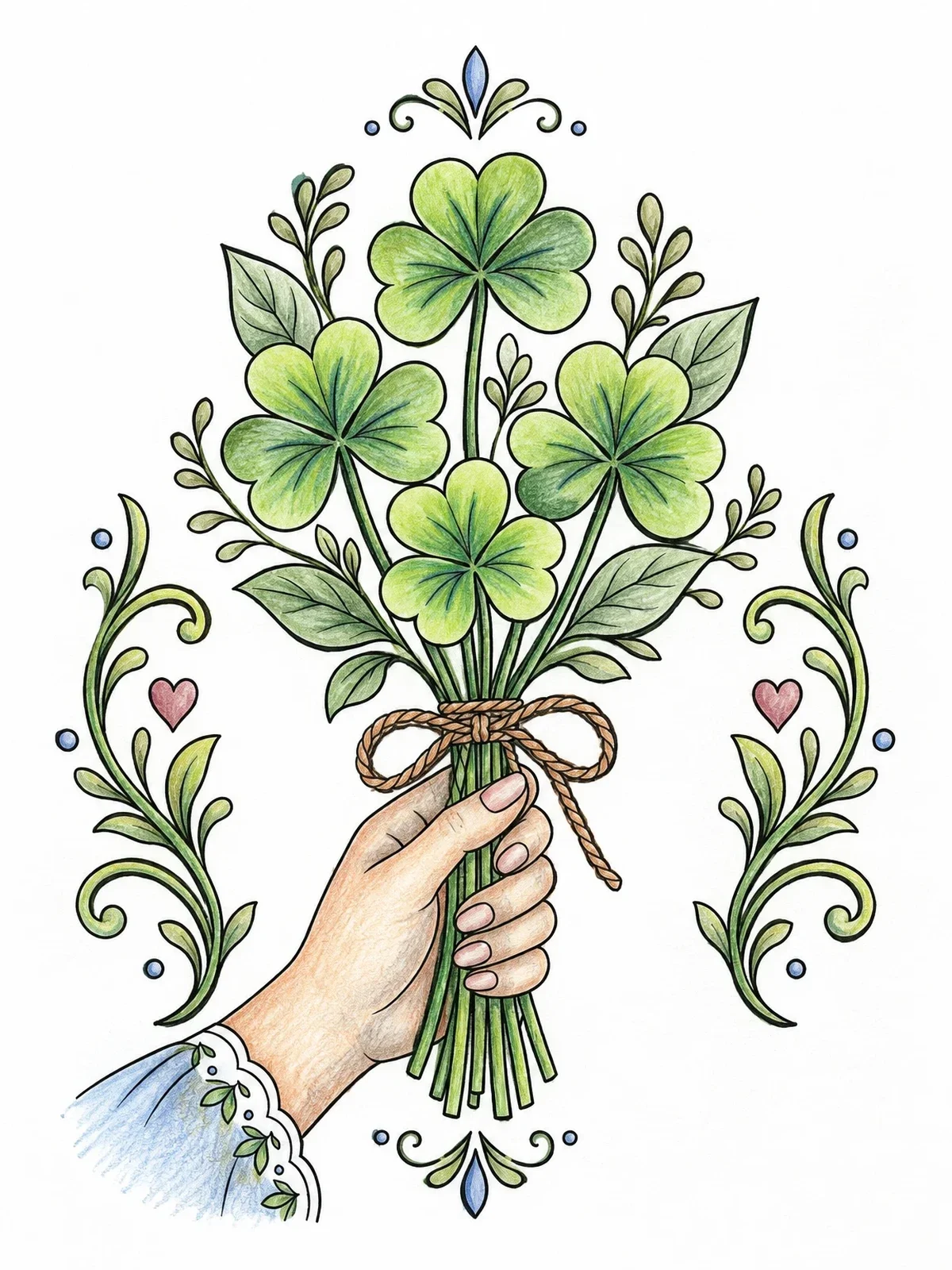 Colored example of the Hand Holding Clover Bouquet With Twine coloring page