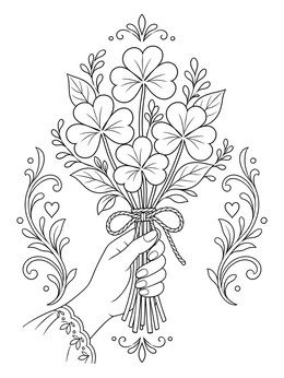 A hand holding a clover bouquet on this four leaf clover coloring page.