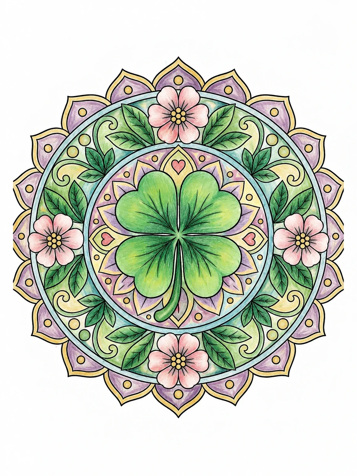 Colored example of the Four Leaf Clover Mandala coloring page