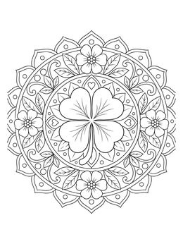 A four leaf clover coloring page featuring an ornate circular floral mandala.