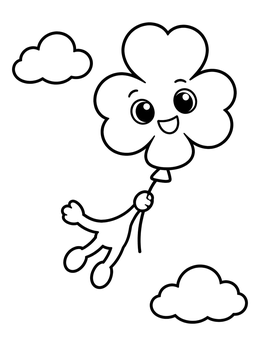 A cheerful four leaf clover coloring page balloon floating among simple clouds.