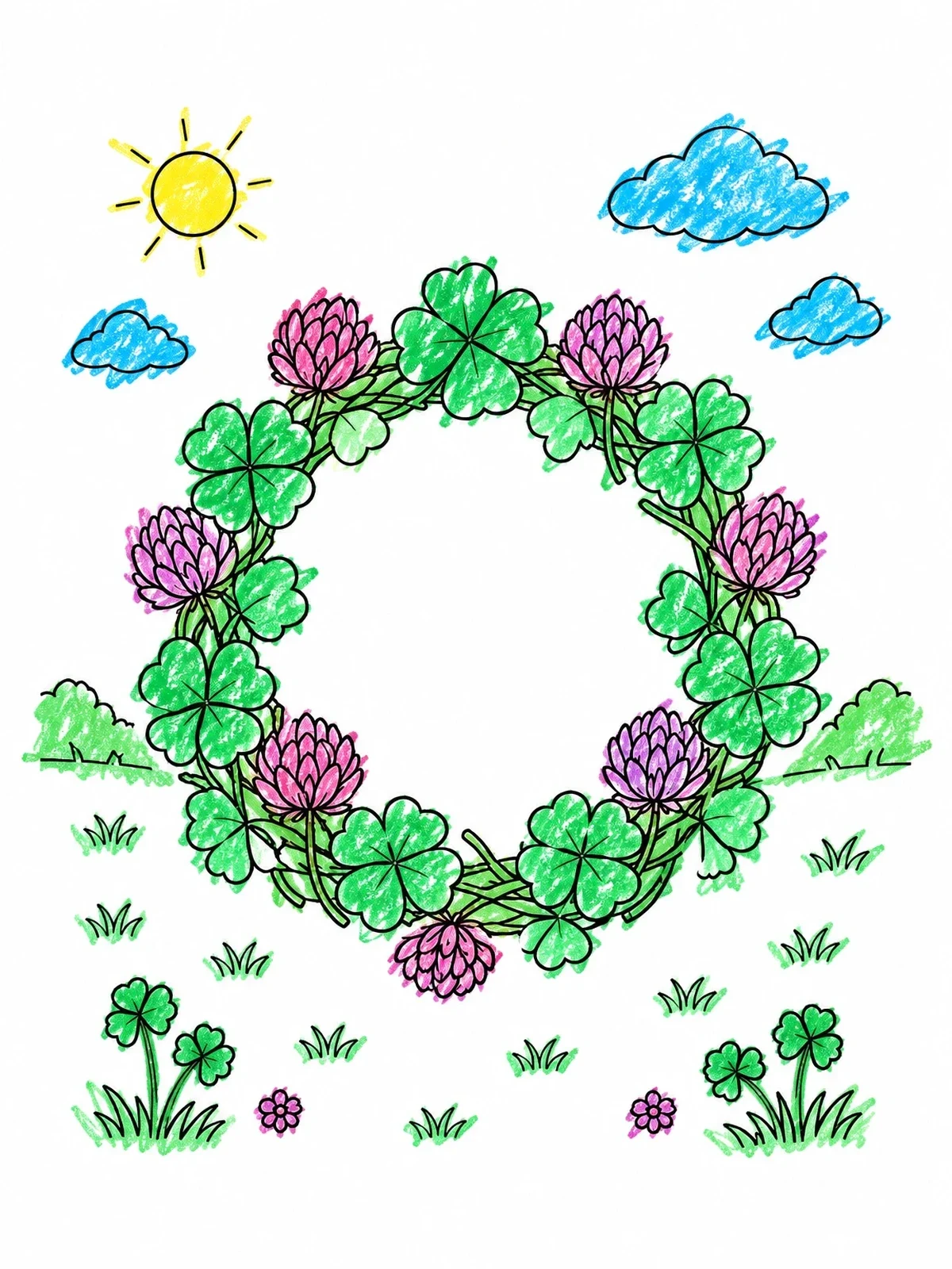 Colored example of the Four Leaf Clover Wreath coloring page