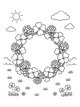 A four leaf clover coloring page showing a circular wreath of shamrocks and blossoms in a sunny field.