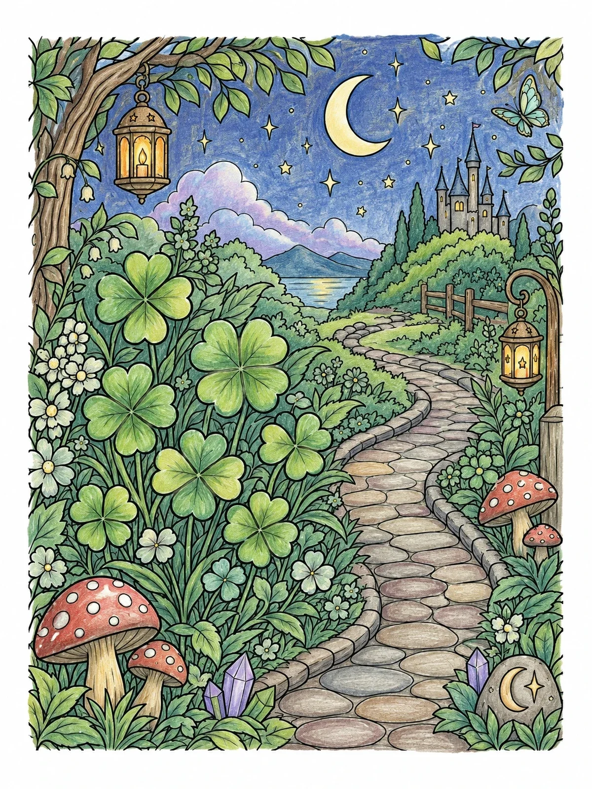 Colored example of the Four Leaf Clovers Along Cobblestone Path coloring page