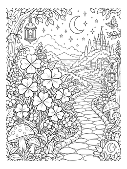 A four leaf clover coloring page showing a stone path leading to a fairy tale castle under the crescent moon.