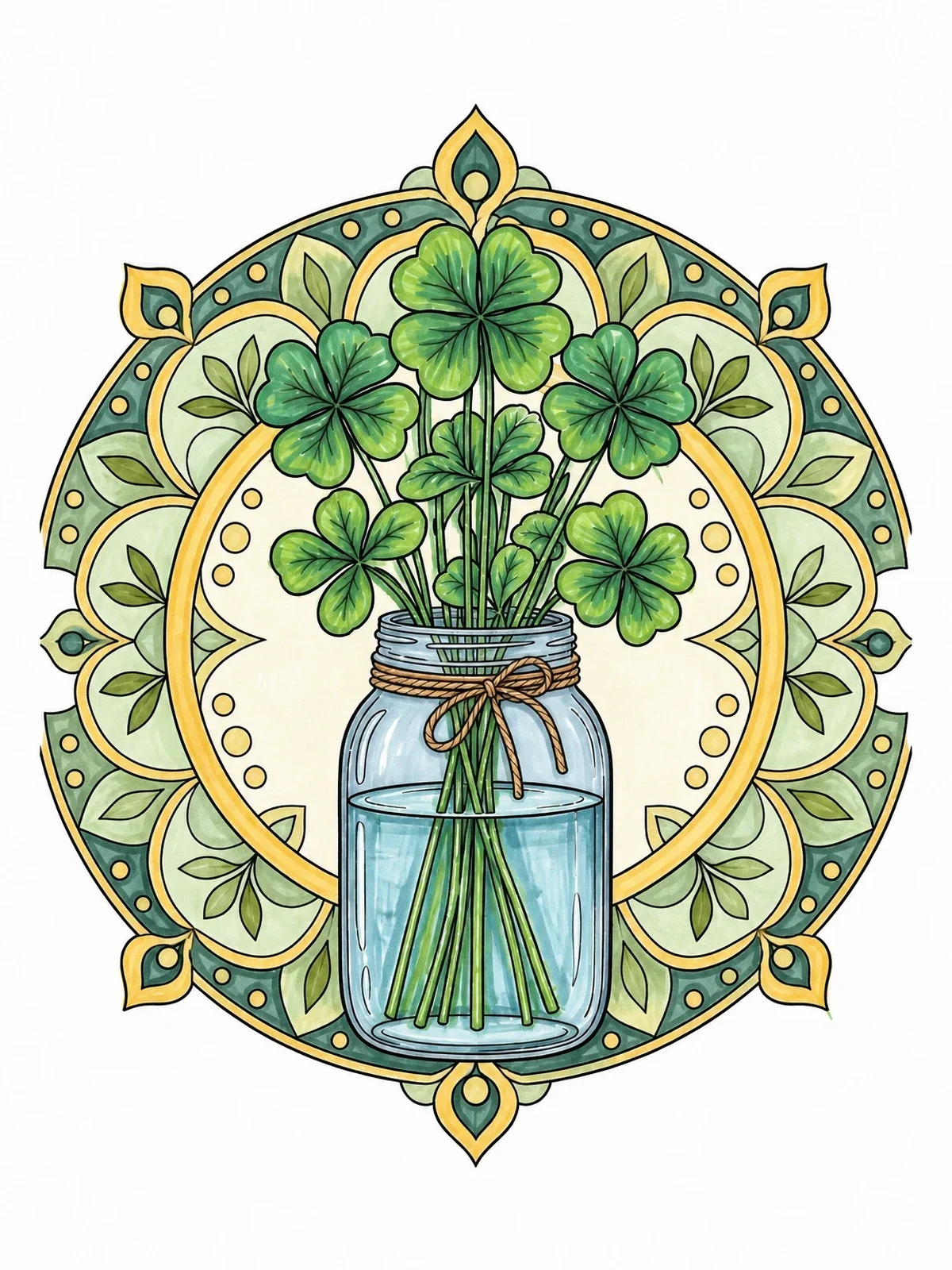 Colored example of the Four Leaf Clovers In Mason Jar coloring page