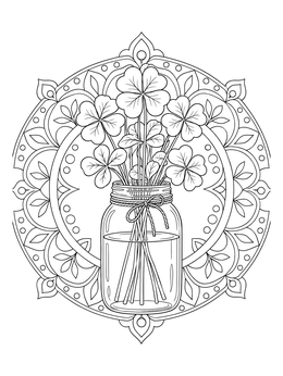 A glass jar bouquet in this four leaf clover coloring page with an ornamental frame.