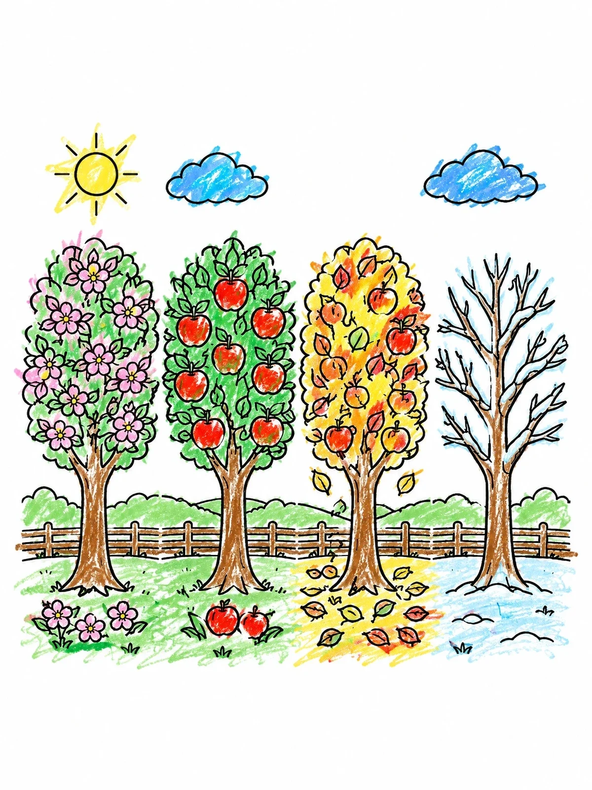 Colored example of the Four Seasons Apple Trees coloring page