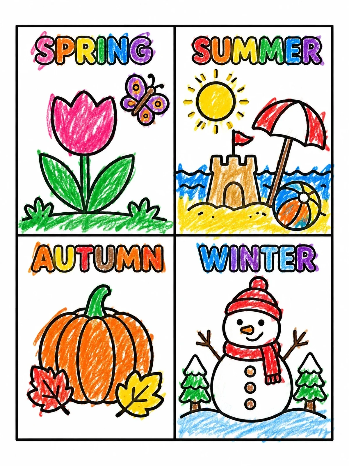 Colored example of the Four Seasons Grid With Seasonal Icons coloring page